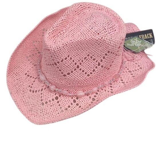 Womens Pink Paper Cowboy Hat With Beaded Detail & Shapeable Brim - Picture 2 of 4